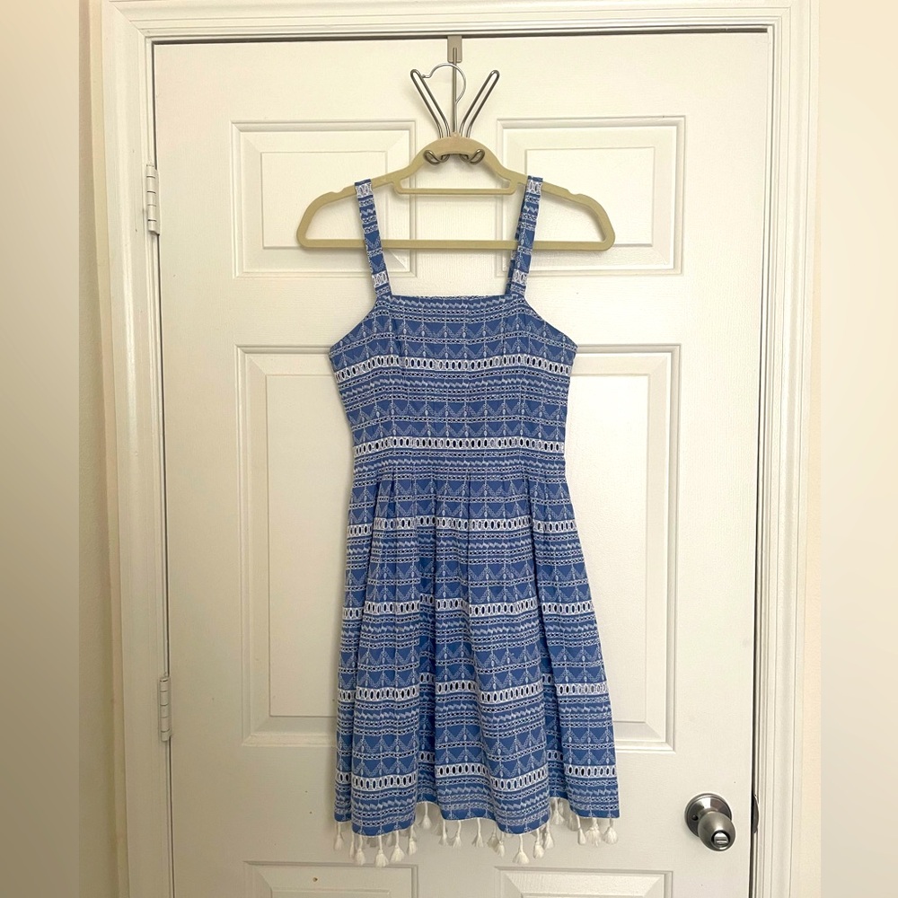 Vince Camuto Blue White Tassel Eyelet Dress